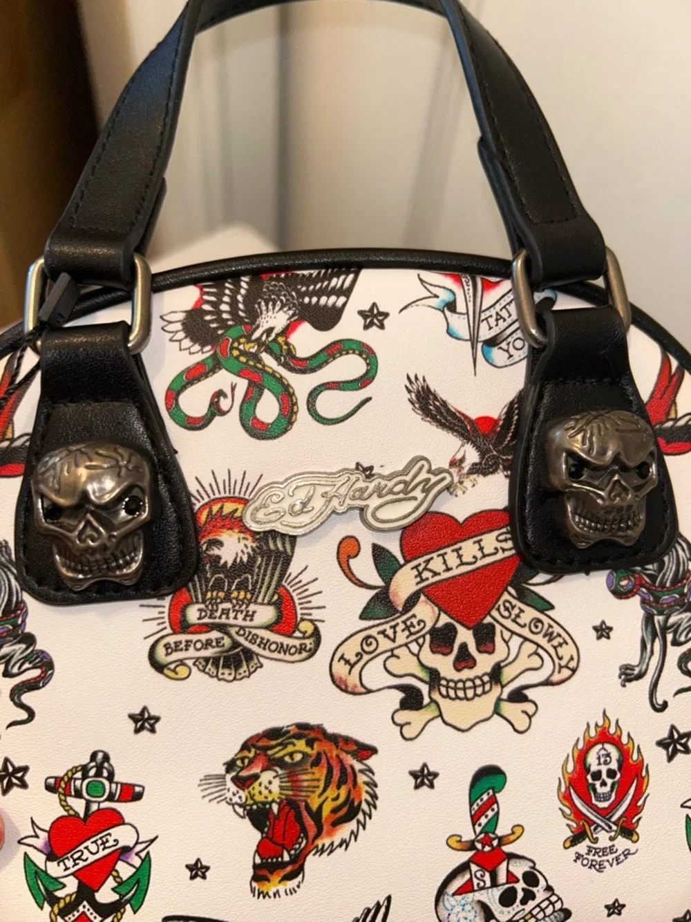 NWT White Tattoo-Print Dome Satchel with Black Trim - Picture 8 of 9